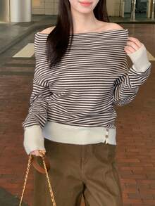 Slouchy Striped Off Shoulder Long Sleeve Knit Sweater For Women, Unique, Youthful, Loose, Slimming, Autumn - Coffee Brown - View 5