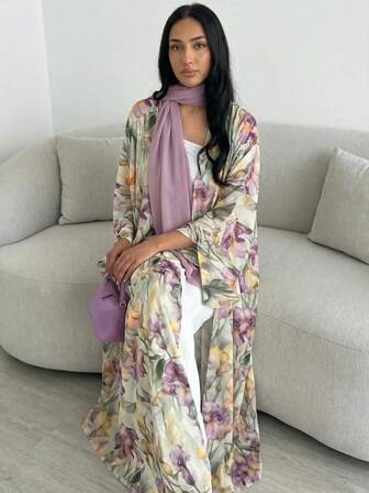 2pcs Set Elegant Casual Digital Floral Print Matching Headscarf, Casual Gathering Party Holiday Abaya Cardigan