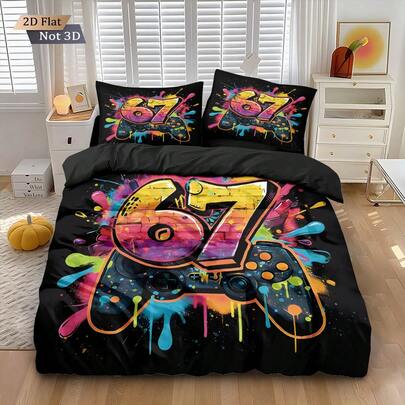 3-delat set (1 påslakan med dragkedja + 2 örngott, utan fyllning), färgglad spelkontroll och digitaltryckt sängkläderset med varmkorv och nummer 6 och 7