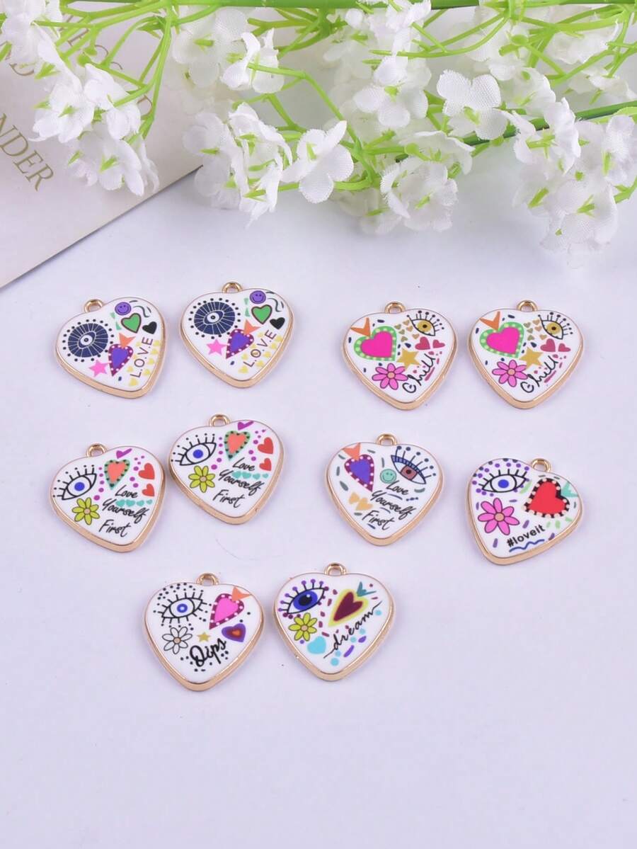 10件套心形和邪眼造型锌合金吊坠饰品，可作耳环、项链DIY配件，适合女性