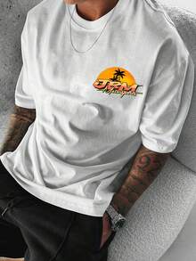 A High-Quality 100% Cotton Summer Men's T-Shirt With Neon Toned Modified Cars And Palm Tree Print Patterns, Creating A Retro And  Visual Atmosphere, Suitable For Street Fashion - White - View 2