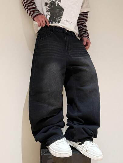 Hearty Haven 1pc American Casual Street Loose Versatile Men's Denim Jeans - No Belt