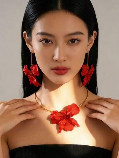 1 Set/1 Par/1 Pieza Collar colgante y juego de aretes con flores exageradas de estilo europeo y americano, joyería de pétalos asimétricos de moda y estilo callejero para mujeres