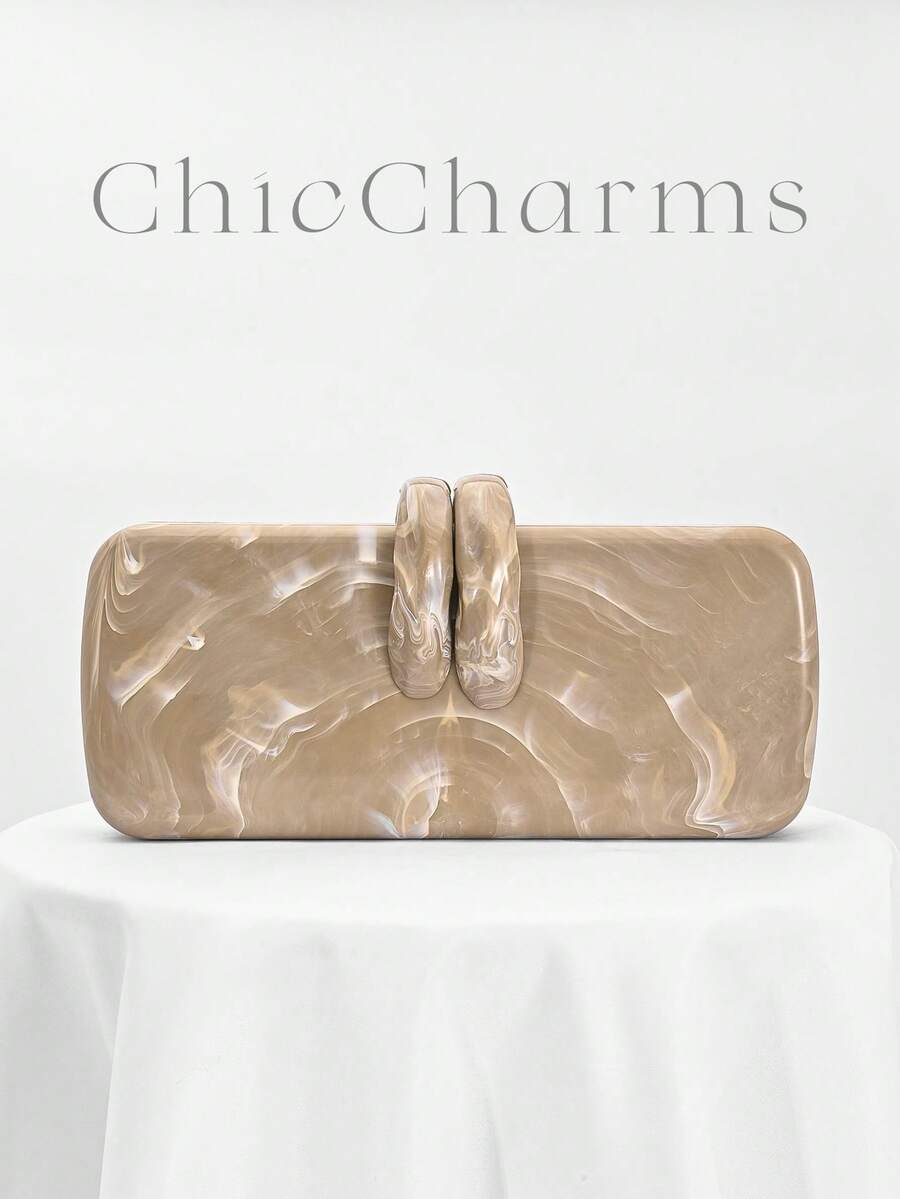 1pc European & American Style Women's Acrylic Evening Clutch Bag, Box Design With Rabbit Teeth Clasp, Handbag/Shoulder Bag For Party, Wedding, Valentine's Day, Random Pattern - Gold - View 1