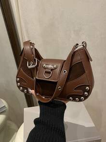 新款个性机车包，时尚铆钉甜美法棍包，复古撞色通勤休闲女式单肩包，模压拼接便携轻巧腋下包，适合女性约会、购物、通勤、户外、办公、工作、商务、送礼、生日等场合，日常使用佳品。 - 咖啡 - 查看 10