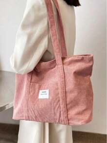 Large Capacity Solid Color Simple Corduroy Tote Bag, Tote Bags For Students, Multiple Compartments, Perfect For Beach, School, Work & Daily Use, Literary School Bag For Teens, Book Bag For Women Or Students, Perfect For Books, Shopping, Back To School And More, Perfectly Matching With Fall Outfits Women - 粉色 - 查看 1