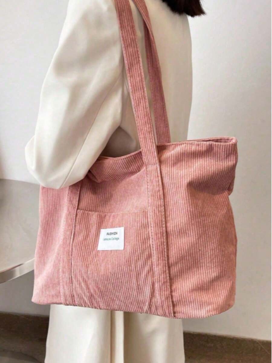 Large Capacity Solid Color Simple Corduroy Tote Bag, Tote Bags For Students, Multiple Compartments, Perfect For Beach, School, Work & Daily Use, Literary School Bag For Teens, Book Bag For Women Or Students, Perfect For Books, Shopping, Back To School And More, Perfectly Matching With Fall Outfits Women - 粉色 - 查看 1