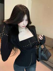 2pcs Black Edgy Studded Cross Long Sleeve Base Layer Top, Sexy Fitted Blouse For Early Spring - Black - View 2
