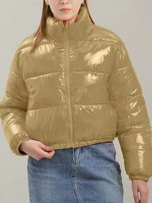 Women's Winter Stand Collar Cropped Coat,Shiny PU Puffer Jacket,  Quilted Oversized Padded Outerwear For Street Style - 淺卡其色 - 查看 5