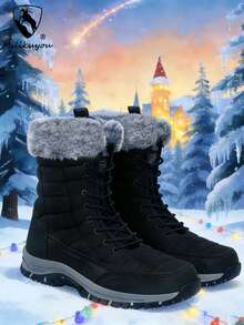 【Milikuyou】男士冬季雪地靴 - 时尚纯黑色，质感上乘。脚踝处采用厚实柔软的羊毛领口，防滑耐磨鞋底提供稳定支撑。