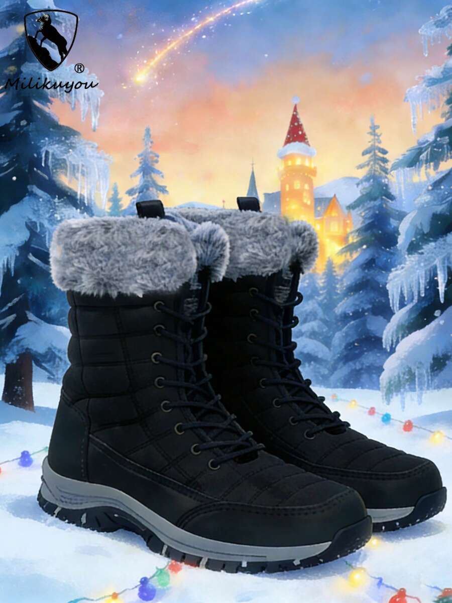 【Milikuyou】男士冬季雪地靴 - 时尚纯黑色，质感上乘。脚踝处采用厚实柔软的羊毛领口，防滑耐磨鞋底提供稳定支撑。