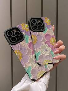 1件装时尚个性化紫白花黄心油画印花竖条纹仿皮软壳保护手机壳，适合作为生日、节日礼物送给朋友、家人、情侣，兼容 17/17 Air/17 Pro/17 Pro Max、16/16 Plus/16 Pro/16 Pro Max、15/15 Plus/15 Pro