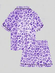 2pcs Tween Girl Purple Leopard Print Short Sleeve Shorts Pajama Set - Multicolor - View 7