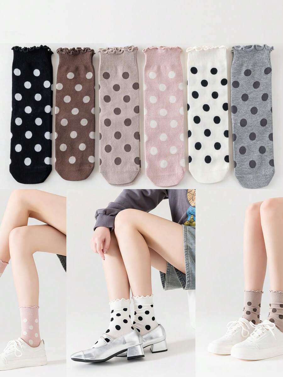 1/6双装波点图案翻边袜，女士休闲时尚可爱简约设计中筒袜，轻盈透气吸湿柔软，适合日常穿着、户外运动和室内穿着。 - 彩色 - 查看 1