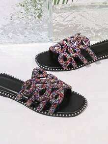 Women's Casual Flat Sandals With Shiny Crown Shape, Elegant And Glamorous Fashion, PU Leather With Rhinestones, Slip-On, Suitable For Holidays, Indoor And Outdoor, All Seasons - Black - View 5