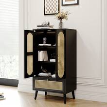 Compact Locker (1.1 M), Rattan Design, Black, 2 Doors, 1 Drawer, High Top, Versatile Shelves. - Black - View 4