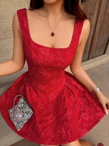 abyoxi 女士红色提花方领吊带背心，腰间系蝴蝶结，荷叶边迷你裙套装，性感甜美优雅浪漫，适合派对、约会、正式晚宴、情人节、春夏穿着，修身迷你连衣裙 - 查看 4