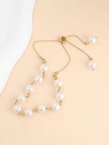 1pc Adjustable Cute Pearl Anklet, Fashionable And Popular, Suitable For Beach, Party, And Daily Wear - Gold - View 5