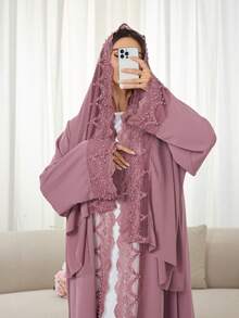 1 套头巾 + 开放式阿巴亚伊斯兰中长连衣裙，土耳其迪拜阿巴亚长袍带头巾，适合穆斯林女性日常穿着 - 彩色 - 查看 30