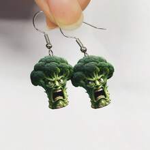 1 Pair Abstract Cartoon Green 2D Broccoli Acrylic Earrings, Angry Vegetable, Quirky & Soulful - Green - View 2
