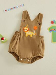 Infants Baby Boy Birthday Romper Sleeveless Square Neck Animal Balloon Embroidery Bodysuit Newborn Overalls - 卡其色 - 查看 4