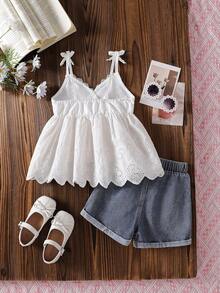 少女蕾丝边吊带背心搭配时尚牛仔裤两件套，夏季 - 白色 - 查看 8