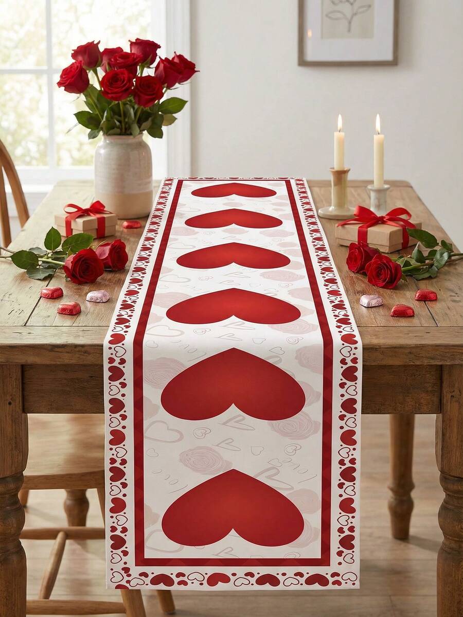 Polyester Rectangular Tablecloth With Large Red Hearts And Love Patterns, Durable And Decorative, Suitable For Romantic Dinners And Anniversary Celebrations - Multicolor - View 1