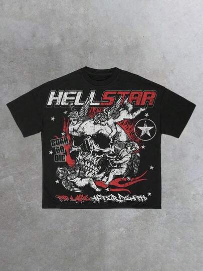 Men's 100% Cotton Graphic Tee, Crew Neck Short Sleeve Casual T-Shirt With "HELLSTARs" Bold Letter Print, Skull And Angels Graphic, Graphic Streetwear, Comfortable Soft & Breathable For Summer,Daily Wear & Going Out,Regular Fit, Durable Fabric,Ideal Gifts For Men