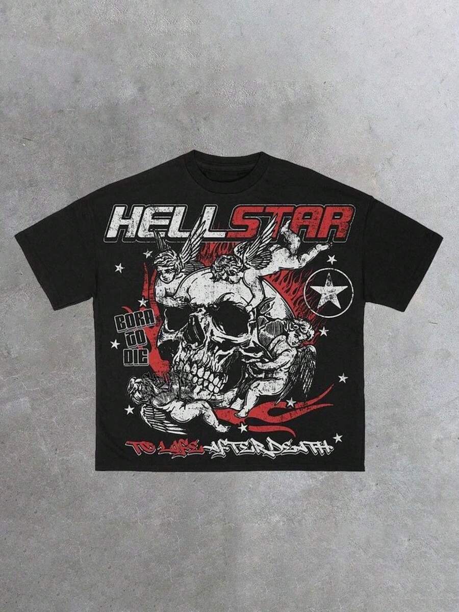 Men's 100% Cotton Graphic Tee, Crew Neck Short Sleeve Casual T-Shirt With "HELLSTARs" Bold Letter Print, Skull And Angels Graphic, Graphic Streetwear, Comfortable Soft & Breathable For Summer,Daily Wear & Going Out,Regular Fit, Durable Fabric,Ideal Gifts For Men - màu đen - Xem 1