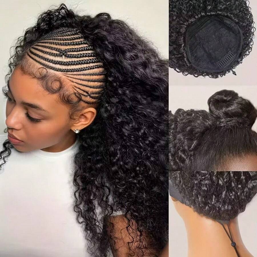 bling hair 14 16 Inch Kinky Curly Human Hair Half Wig 200% Density 3 In 1 Seamless Flip Over Half Wigs Human Hair Glueless Wear And Go Beginner Friendly Deep Wave Wigs Human Hair Drawstring Headband Wigs For Women