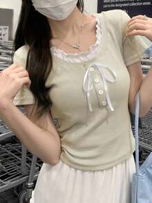 新款修身對比色 2 合 1 甜美短袖 T-shirt 上衣 休閒夏季款 - 杏色 - 查看 3