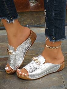 Fashionable Crocodile Pattern Metal Chain Buckle Round-Headed Open-Toe Women's Wedge Heel Thick-Soled Sandals Comfortable Lightweight Thick-Soled Silver Sandals For Vacation Style Summer Daily Wear Beach Play Silver Slippers Women's Slippers Pattern Pattern Random - 銀色鱷魚紋 - 查看 5