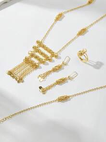 Conjunto de joyas de lujo retro de cobre de color dorado de Mgyi, de alta gama y elegante, chapado en oro de 18 quilates con diseño cuadrado elegante, collar, pendientes, pulsera y anillo para mujeres, adecuado para Nigeria, Dubái, Oriente Medio, Arabia Saudita, novia, boda, uso diario, regalo de aniversario de boda, regalo de Halloween para amigos - Oro K - Ver 2