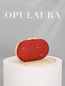 Bolso de mano tipo clutch de lujo con cristales brillantes para mujer de OpulAura, bolso de noche con diamantes brillantes para ocasiones formales, bolso de fiesta/boda/gala de moda con cadena - Rojo - Ver 2