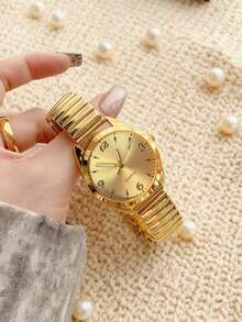 4件套女士合金弹性表带石英手表手链首饰套装，优雅复古简约表盘，适合日常佩戴装饰或作为节日礼物送给朋友和母亲。 - 彩色 - 查看 2