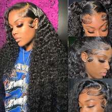 深波浪卷发蕾丝前假发 13x6 卷发假发 26 英寸 180% 密度 自然黑透明蕾丝前假发 无胶预拔毛深波浪假发 女士 - Natural Black - 查看 3