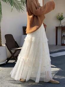 2026 Spring Women's High Waist Slimming Lace Embroidered Pleated Mesh Patchwork A-Line Skirt - Apricot - View 7