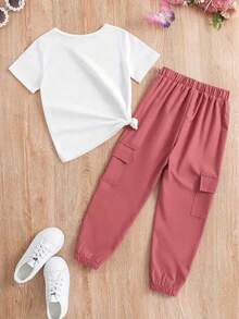 女童字母印花圆领短袖T恤和抽绳工装裤休闲套装 - 白色 - 查看 2