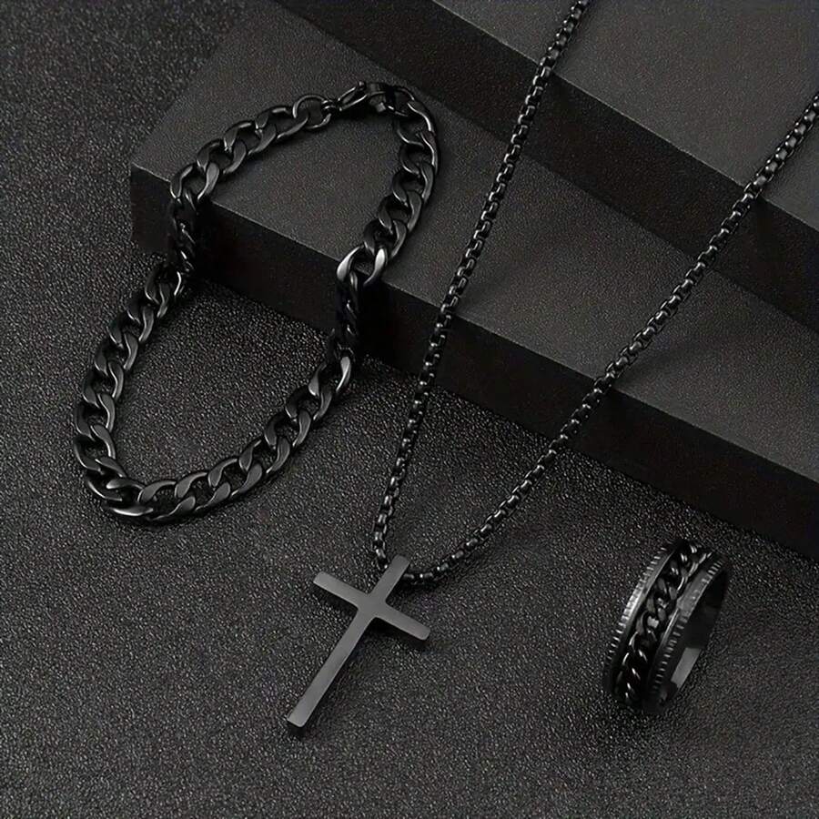 Three-Piece Men's Necklace Set With A Cross Pendant, Ring, And Bracelet. Ideal Father's Day Gift. Stylish Jewelry For Everyday Wear. - 黑色 - 查看 1