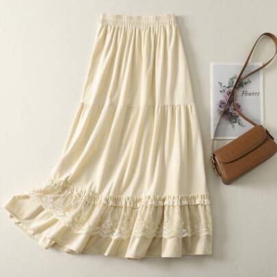 Flowy Layered Valentine's Day Skirt For Women - High Quality Irregular Wood Ear & Lace Trim Long Skirt With Drawstring Detail, Boho Chic Mid-Length Woven Skirt For Women