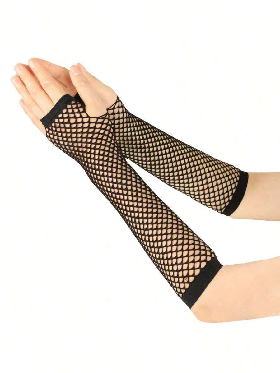 1 Pair Black Fishnet Gloves, Stretchy Long Fingerless Gloves, Personalized Styling, Sun Protection, Suitable For Nightclub, Party, Etiquette - Black - View 1