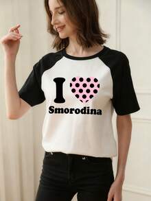 Summer New Z-Gen Y2K Women Top Polka Dot Heart Print Round Neck Contrast Raglan Short Sleeve T-Shirt - Black and White - View 2