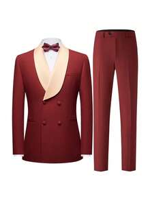 Men's Suit Shawl Lapel Double-Breasted Blazer & Pant Set - Formal 2-Piece Tuxedo With Wafer Knit Texture For Weddings & Black Tie Events - 酒紅色 - 查看 8
