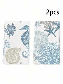 1/2/4 Pcs Multi-Use Ocean Theme Towels - Starfish Coral Printed Hand Tea Towels, Ideal For Kitchen Restaurant Dining Table Dishwashing Drying - Baby Blue - View 6