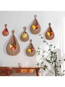3 PiecesBohemian Lace Wall Hanging Baskets - Light Brown Fabric Storage Hooks, Available In Two Sizes, Suitable For Kitchen, Garlic And Onion Racks, Home And Dining Decor Shelves, Multi-Purpose Organizers For Fruits, Vegetables, And More, Kitchen Storage Solution | Bohemian Style | Fabric Structure, Storage Baskets - Multicolor - View 3