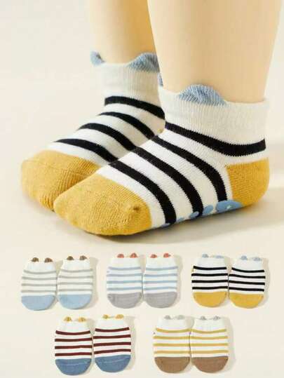 5 Pairs/1 Pair Cute Cartoon Ear Stripe Anti-Slip Floor Socks, Baby Toddler Boat Socks, Suitable For 0-5 Years Old Babies For Daily, Holiday, Outdoor Wear, All Seasons