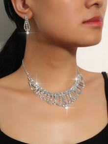 1 Set Of 3: Luxury Rhinestone Adjustable Necklace, Minimalist Rhinestone Pendant Earrings, Suitable For Wedding, Bridal Photo Shoot, Bridesmaid, Prom, Valentine's Day, Mother's Day, Daily Wear, Fashionable And Elegant Wedding Jewelry - Multicolor - View 2