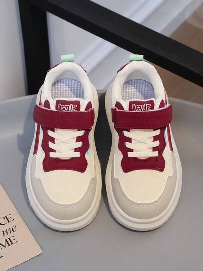 1 Pair Unisex Thick Sole Sports Shoes, Red White Gray Color Block, Hook And Loop Closure, Suitable For School, Everyday Wear, Casual Sneakers For Kids & Youth