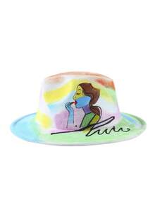 LEAJOURNO. 1pc Unisex Hand-Painted Felt-Like Fashionable Y2K Style Panama Hat, Outdoor Cap - Baby Blue - View 4