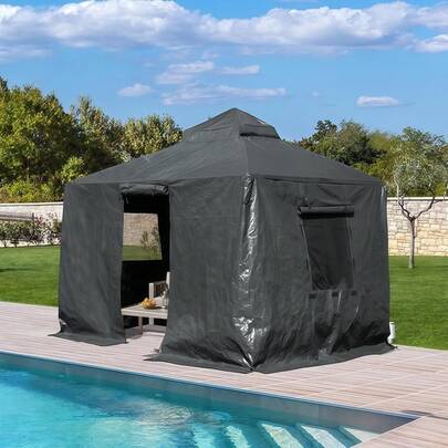 8' X 8' Universal Winter Gazebo Cover, All Season Waterproof Enclosed Covers With Sidewalls & Mesh Windows For Outdoor